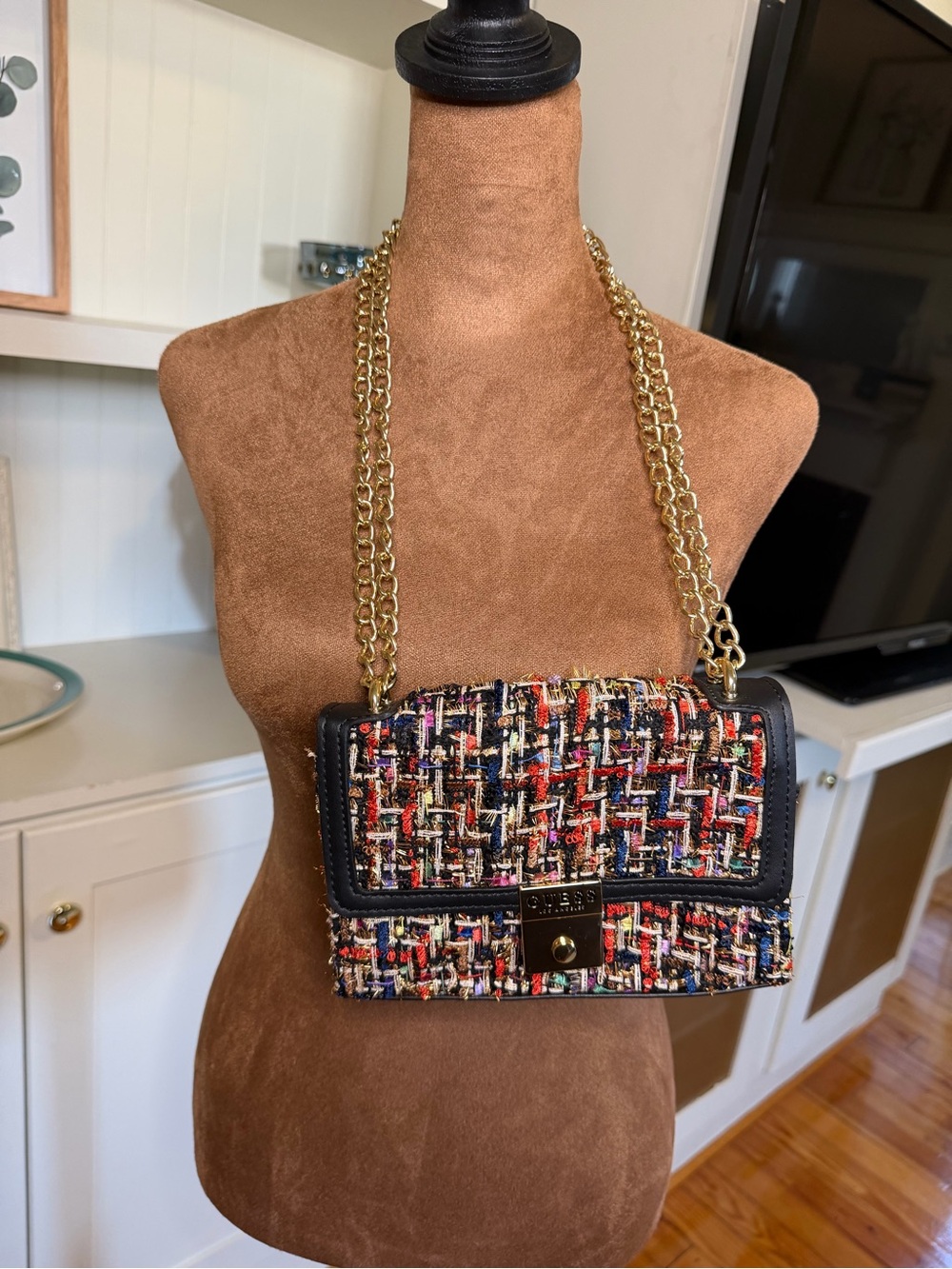 Guess Guiliy Multicolor Tweed Crossbody with Black Trim and Gold Chain Strap
